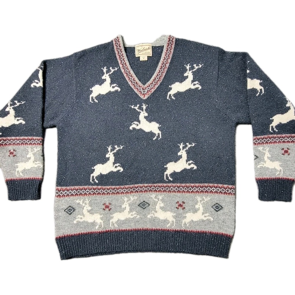 Woolrich Womens M Wool Silk‎ Blend Reindeer Sweater Blue Gray V-Neck Winter READ